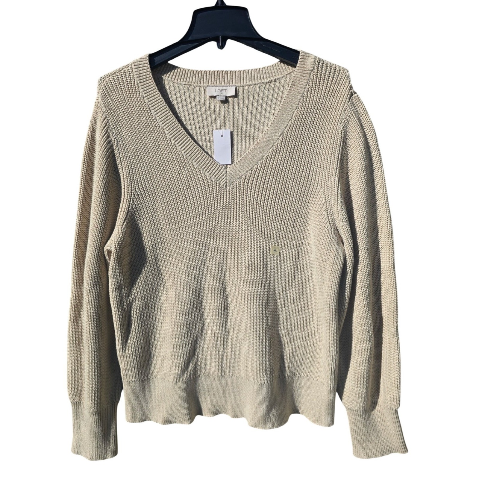 Loft Nwt Womens Beige Ribbed V-Neck 100% Cotton Pullover Sweater Xl